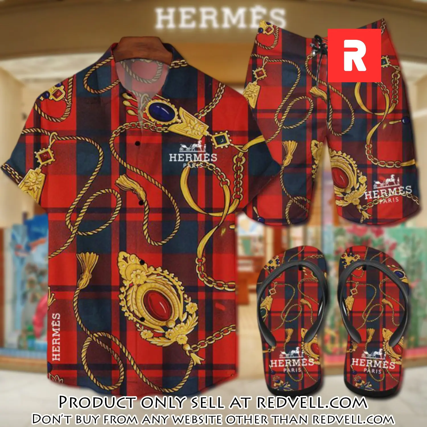 Hermes flip flops and combo hawaii shirt shorts luxury brand summer outfit hsf081 rv4923788